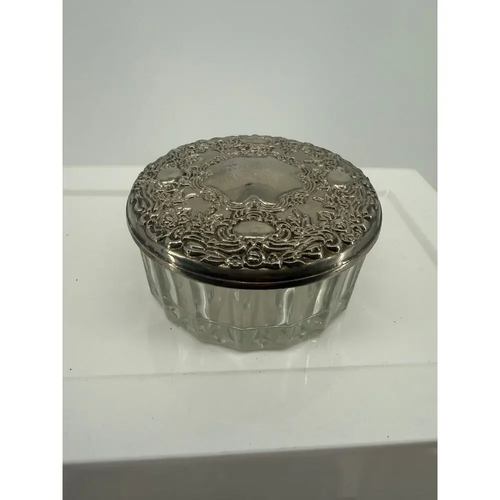 Vintage Silverplate Glass Trinket Dish Vanity Jewelry Dresser Ornate Round 3in - Picture 3 of 3